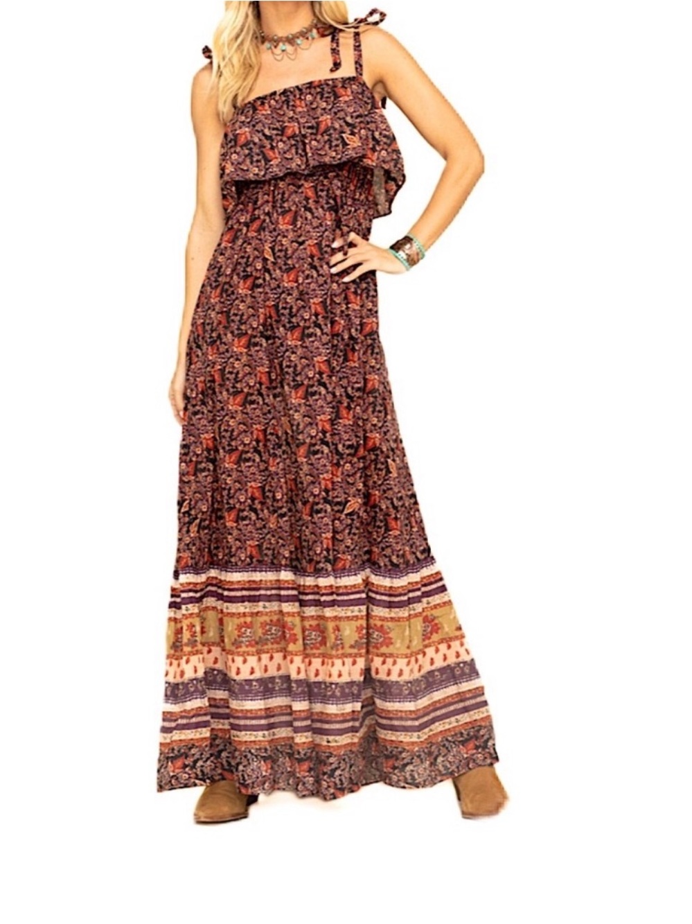 Free People Brown & Rust Bohemian Tiered Maxi Midi Dress